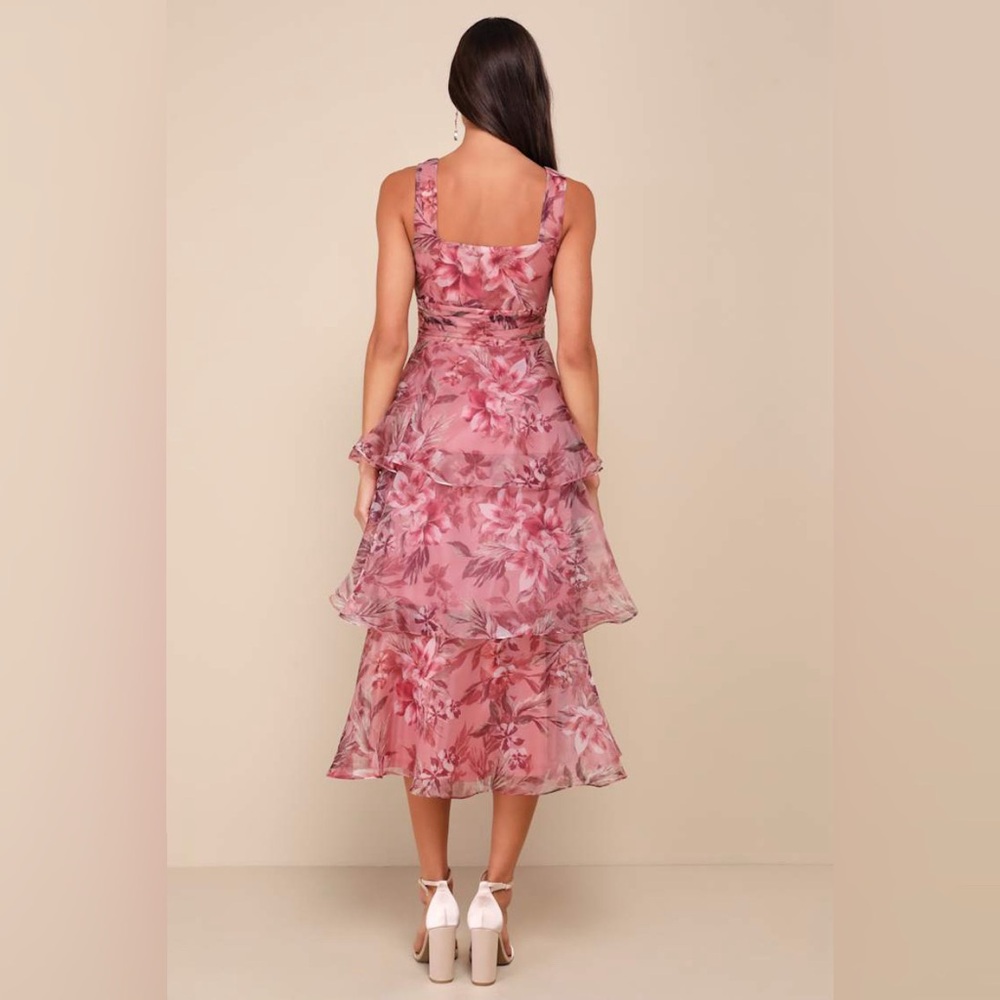 Lulu's Pink Floral Tiered Midi Dress - Picture 2 of 6